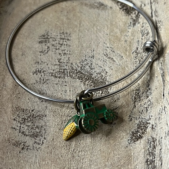 Handmade Jewelry - New Silver‎ Bangle with Green Tractor Charm